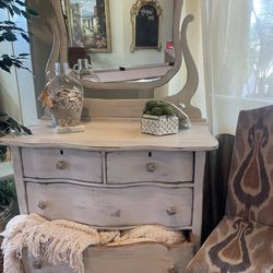 Antique, White, Shabby Chic Mirror And Dresser