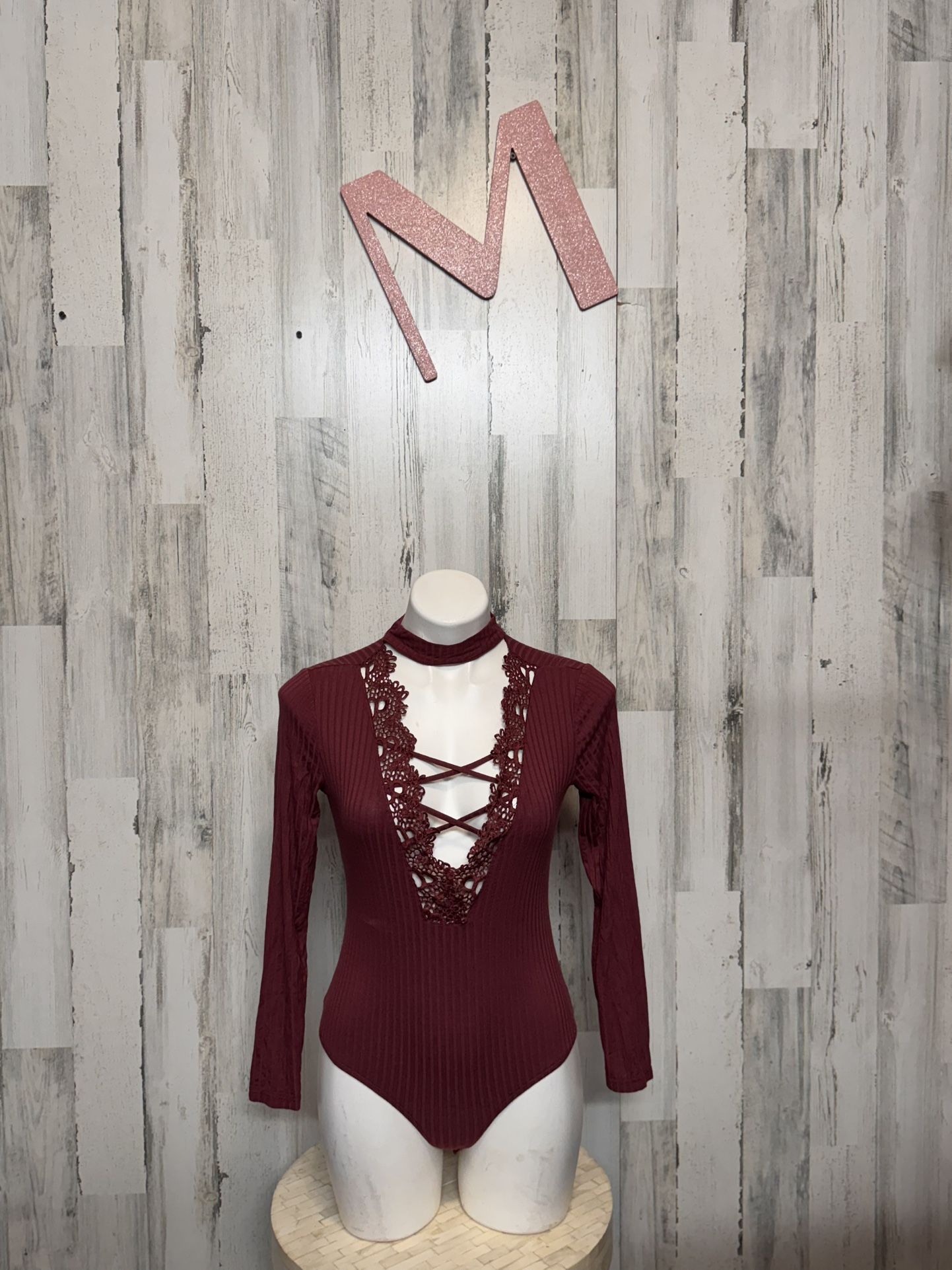 Charlotte Russe Burgundy Lace Up Bodysuit Long Sleeve Ribbed Crochet Trim Size M