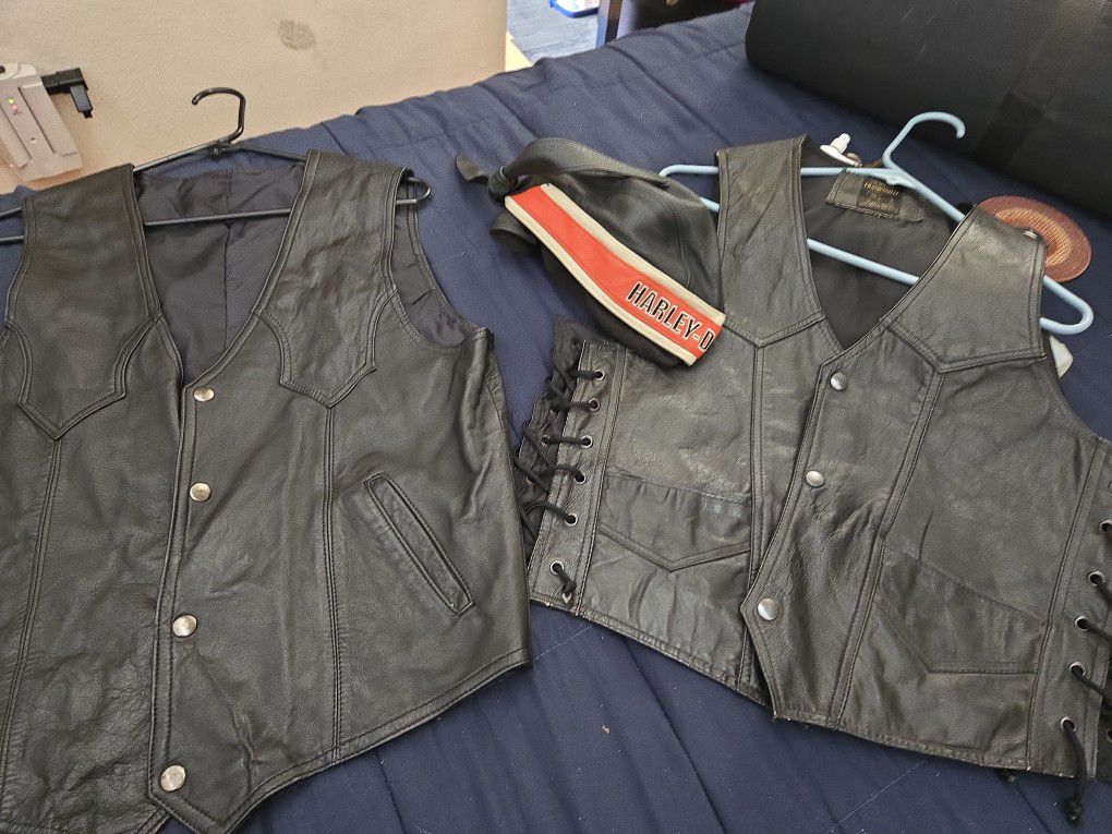 Leather Vests N Harley Leather Cap With Tie