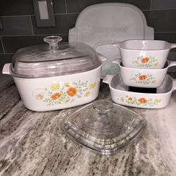 Vintage Corning Ware Wildflower 8 piece Square Casserole Dishes 