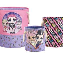 LOL Surprise 3 Piece Multi Size Fabric Nestable Toy Storage Basket Set, with Rope Carry Handles