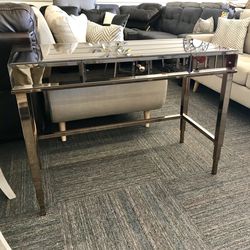 Brand New Dark Mirrored Console Table with Polished Metal Legs