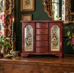 Vintage Wooden Jewelry Armoire Chest | Jewelry Box Organizer Floral Etched Glass Door Drawers