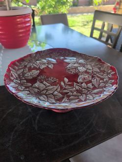 Red Glass Cake Stand with Floral Relief