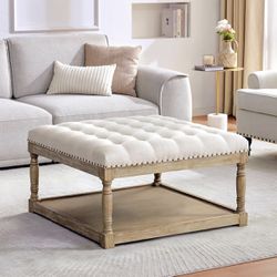33-inch Large Square Ottoman Coffee Tables for Living Room, Tufted Upholstered Linen Ottoman with Storage Shelf and Solid Legs for Office Bedroom Farm