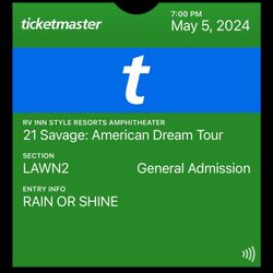 1 21 Savage Concert Ticket Lawn GA