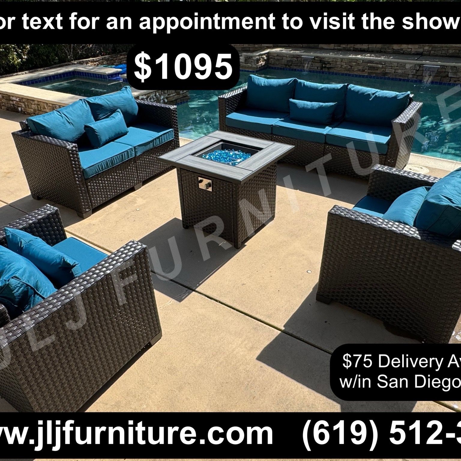 NEW🔥 Outdoor Patio Furniture Set Brown Wicker Peacock Blue Cushions 30" Firepit ASSEMBLED