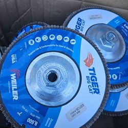 Weiler Tiger flap discs, professional-grade abrasives used for heavy-duty metalworking tasks like grinding, weld blending, and finishing