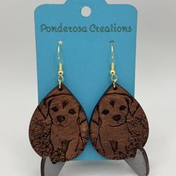 Teardrop Design - Puppy Dog (engraved) - Stained Wood - Earrings