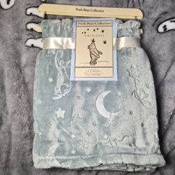 Pale Blue/Aqua Embossed Winnie The Pooh Baby Blanket - New