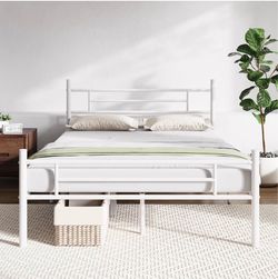 White Metal Bed Frame with Headboard and foam mattress and Footboard