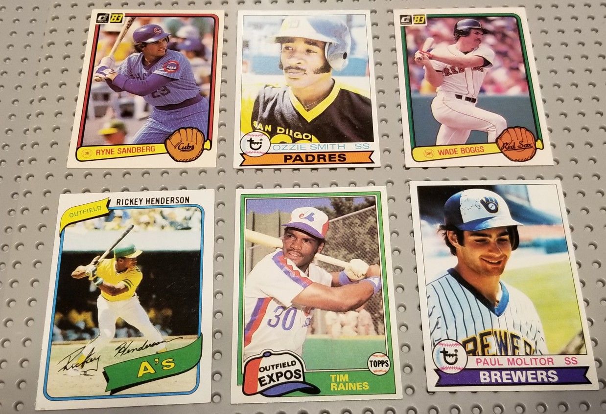 !!6 TOP BASEBALL ROOKIES!!RICKEY HENDERSON #482 ROOKIE with OZZIE SMITH/ SANDBERG &more