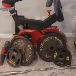Sole Sb700 Stationary Bike With Two 45lbs, Two 25lbs And Curl Bar
