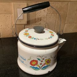 Vintage Berggren White Enamelware Tea Kettle, Enamel Tea Pot with Wooden Handle * Midcentury Kitchen