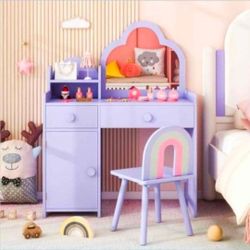 Kids Vanity Table And Chair Set With cloud Mirror