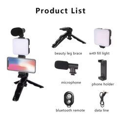 Mobile Phone Vlogging Kit, Compact Mobile Accessories with LED Light, Microphone, Remote Control and Foldable Selfie Tripod for Cellphones