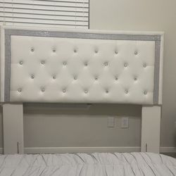 Pretty White Queen Headboard With Rhinestone Boarder