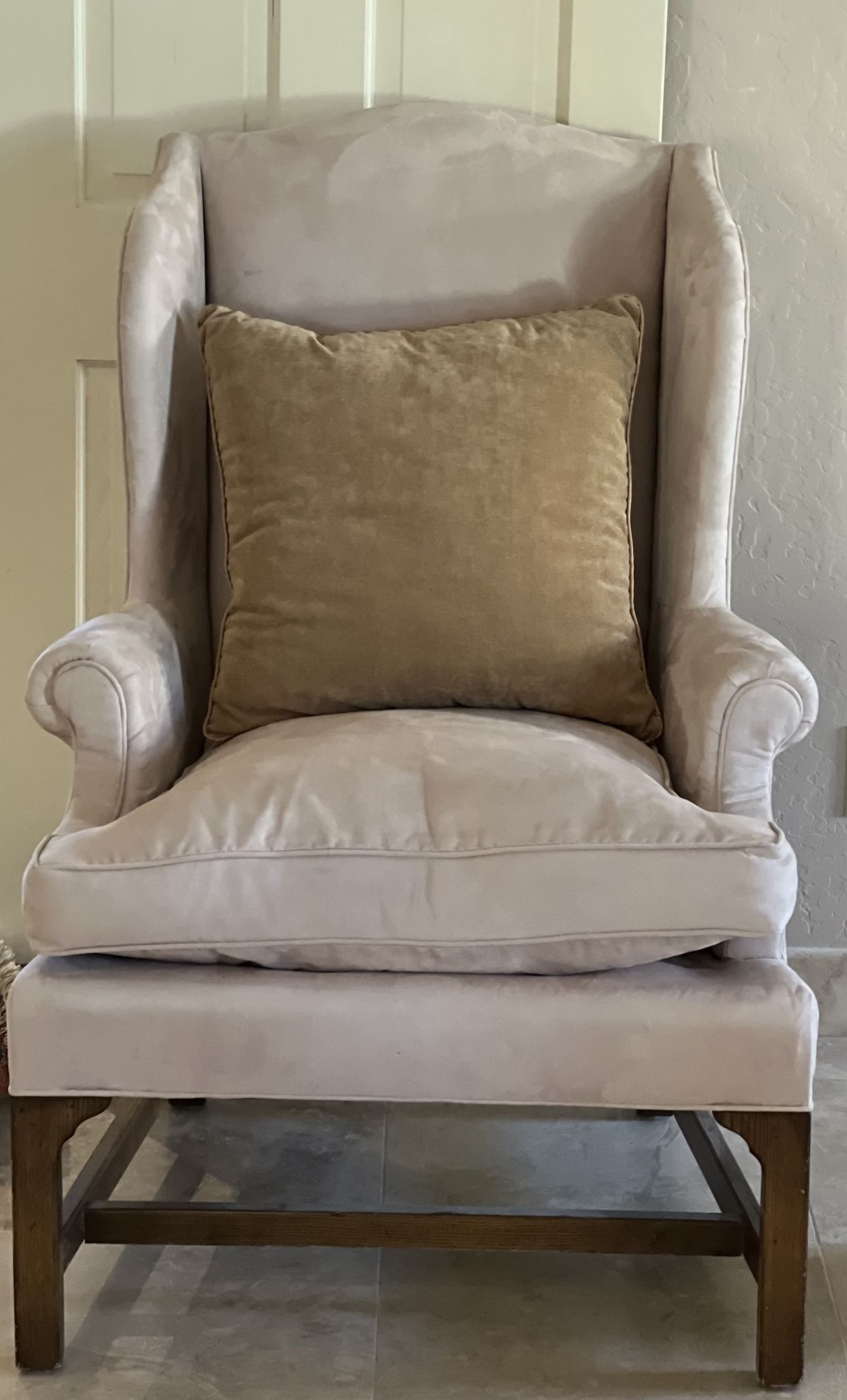 High Wingback Suede Begie Chair w/Pillow