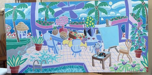 Large Colorful Coastal Painting – 60” × 30”