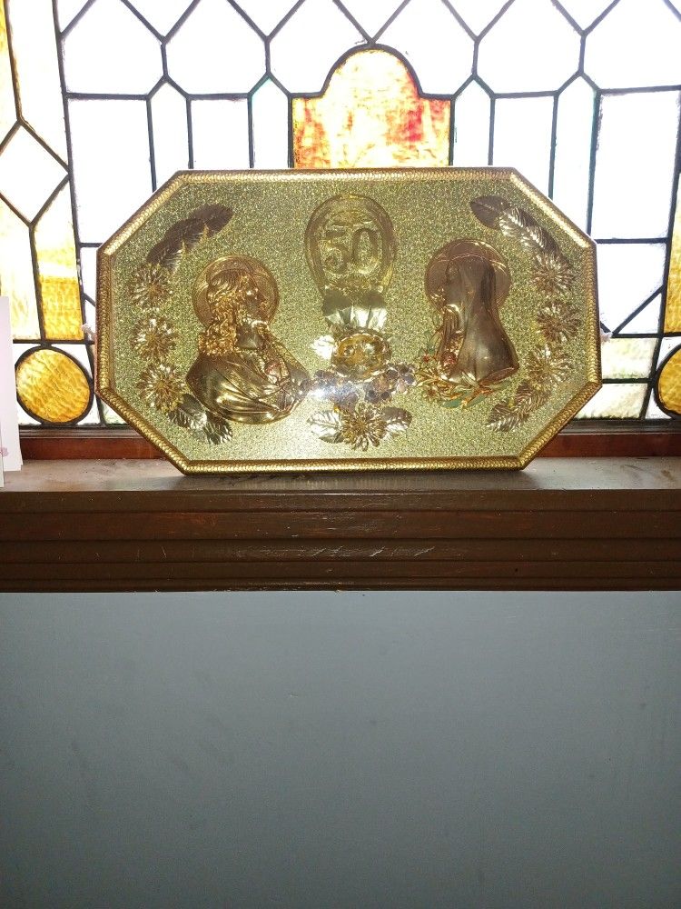 Vintage Religious 50th anniversary Jesus & Mary Convex Bubble Glass Picture
