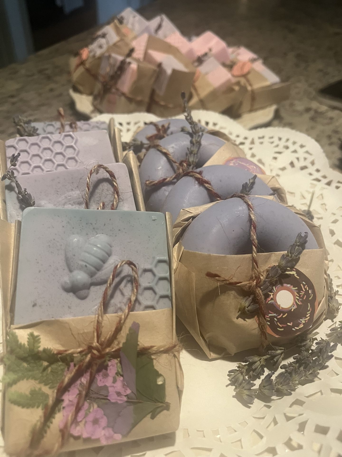 Lavender soap ๐งผ $4 each buy two get one free wax melt all Gift wrapped ๐