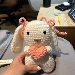 Coquette Bunny – Handmade Crochet Plush | Signature Edition | Custom Heart Colors