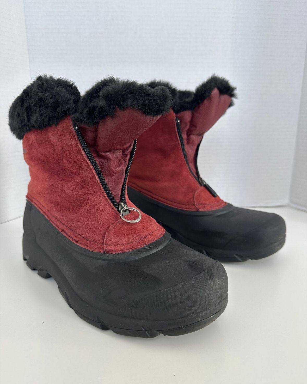 Sorel Snow Angel Zip Winter Boots Red Suede Faux Fur Lined Front Zip size 9