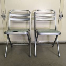 Durham Folding Chairs Mid Century Metal Woodgrain Vinyl Pair