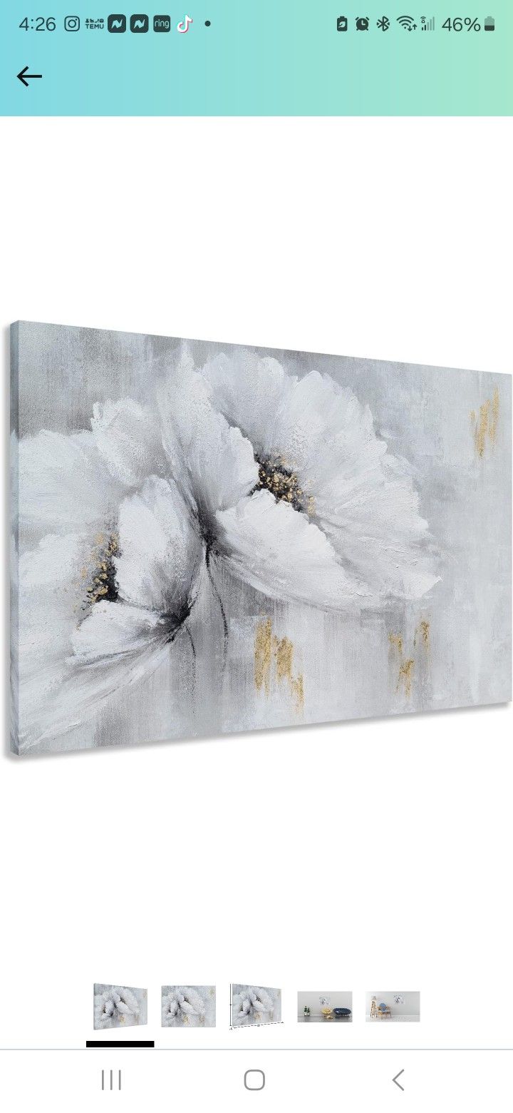 Grey and White Poppy Flower Canvas Wall Art - Hand Painted Floral Painting with Gold Foil - Abstract Magnolia Picture for Living Room Bedroom Bathroom
