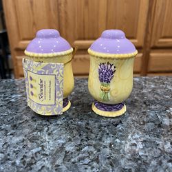 2004 Brownlow (Melissa Reagan) Yellow With Purple Floral Pair Of Salt And Pepper Shakers.  Brand New With Tags 