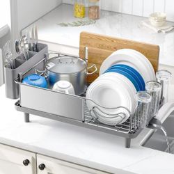 100} Urackify Stainless Steel Dish Drying Rack - Large Capacity Kitchen Counter Organizer with Drain Board, Utensil Holder & Detachable Cup Shelf, 304