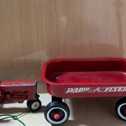VINTAGE METAL TOY TRACTOR WITH RADIO FLYER WAGON HITCH