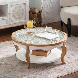 Round Wood Coffee Table with Glass Top, Solid Wooden Circle Center Table with Curved Legs & Removeable Tempered Glass top, Cocktail Table for Living R