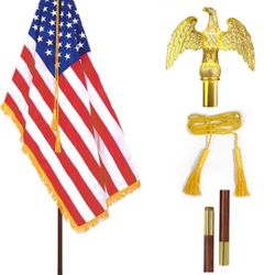 ANLEY 8 Ft Presidential Deluxe Indoor American Flag Pole Set - 8' Oak Pole, Gold Fringed US National Flag, Stand, Cord Tassel and Eagle Top Ornament f