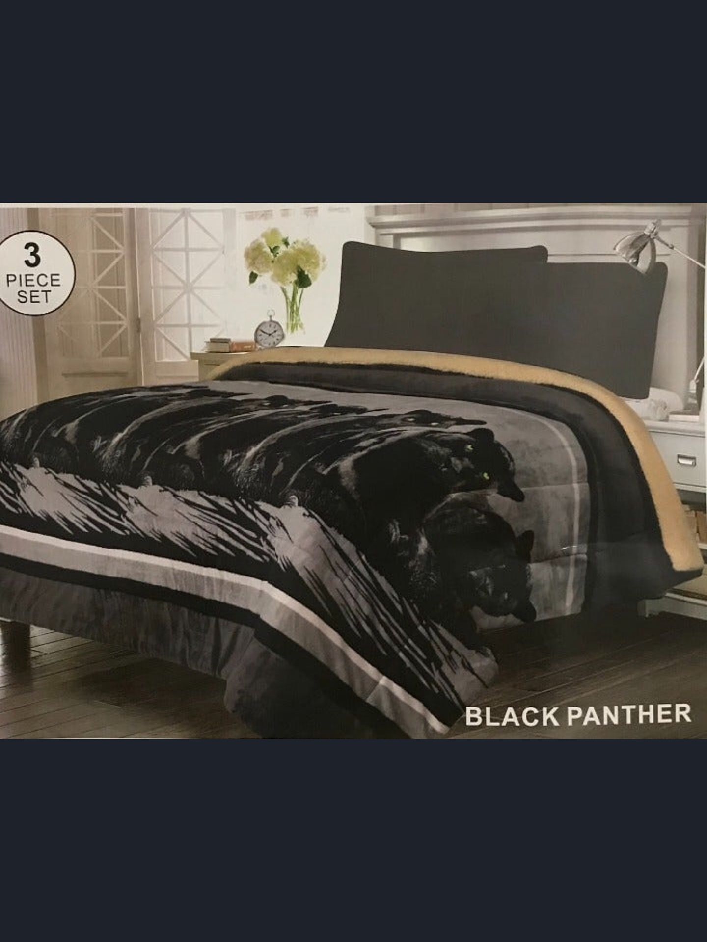 Brand New Modern Grey Panther Beige Super Soft Thick Warm Borrego Sherpa 3 Piece Bed Blanket Set King Size