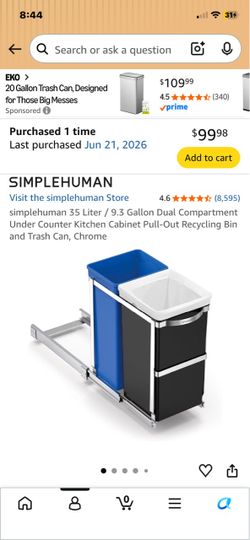 Simplehuman 35L Dual Compartment Pull-Out Trash Can