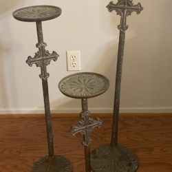 Set Of Three Cast Iron Rustic Pot Holders / Candles Stands