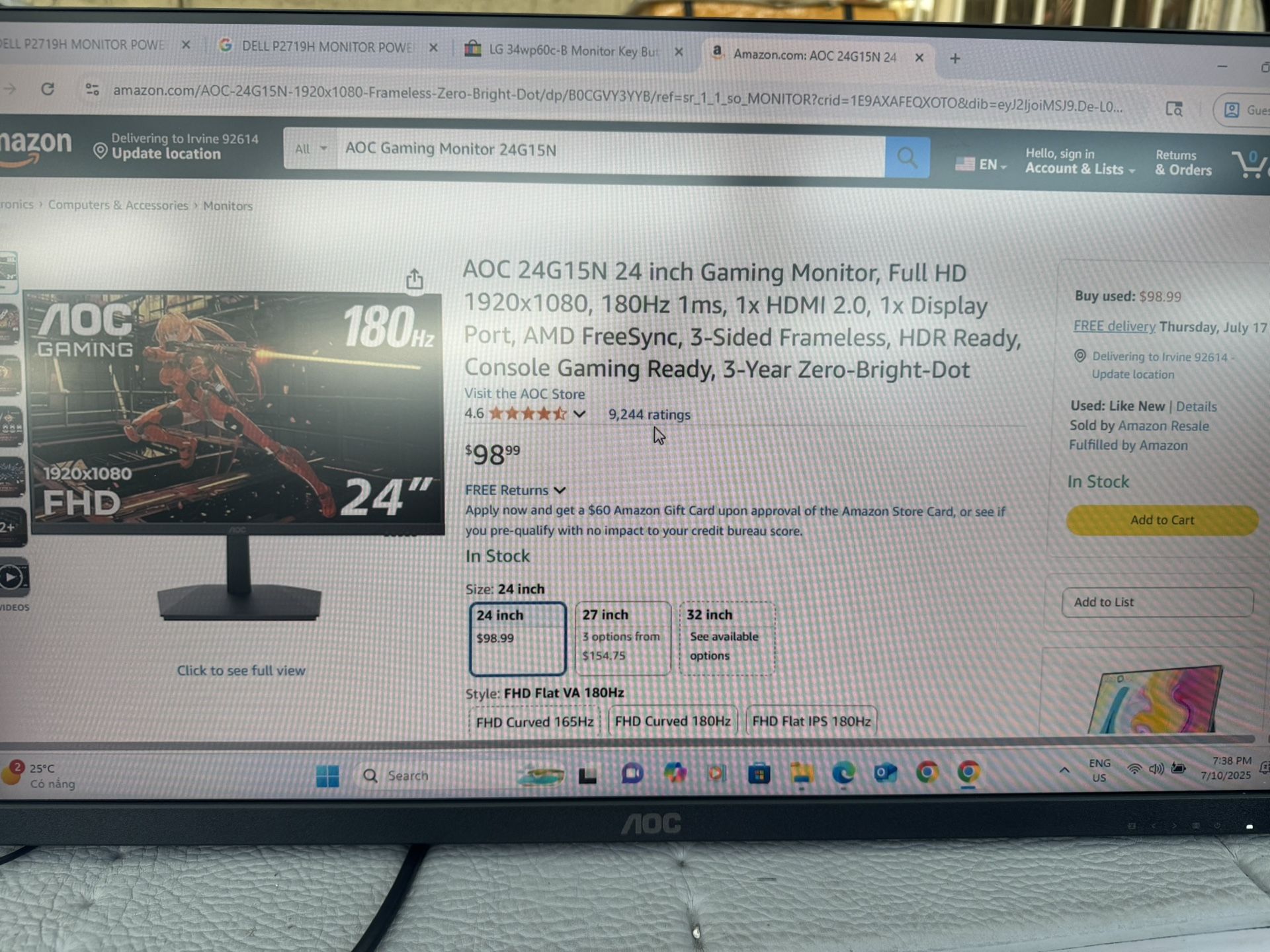 AOC 24G15N 24 inch Gaming Monitor, Full HD 1920x1080, 180Hz 1ms, 1x HDMI 2.0, 1x Display Port, AMD FreeSync, 3-Sided Frameless, HDR Ready- Black
