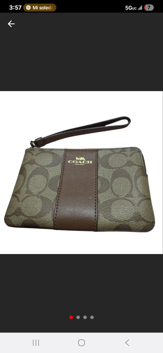 Coach Signaure Pvc Leather Corner Zip Wristlet Khaki Sanddle2