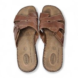 Dr. Scholl’s Tan Brown Leather Slide Sandals Women’s Size 8.5 Double Air-Pillo Insoles
