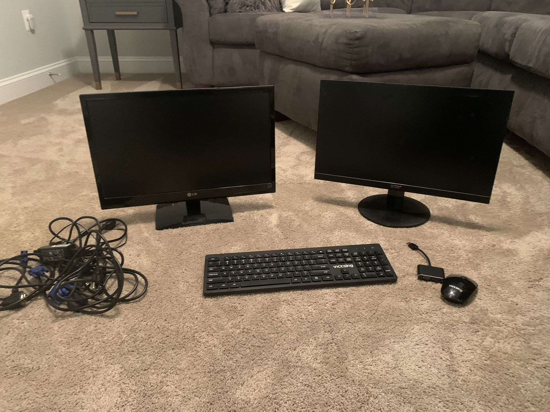 Two Computer Monitors w/ Bluetooth Keyboard & Mouse