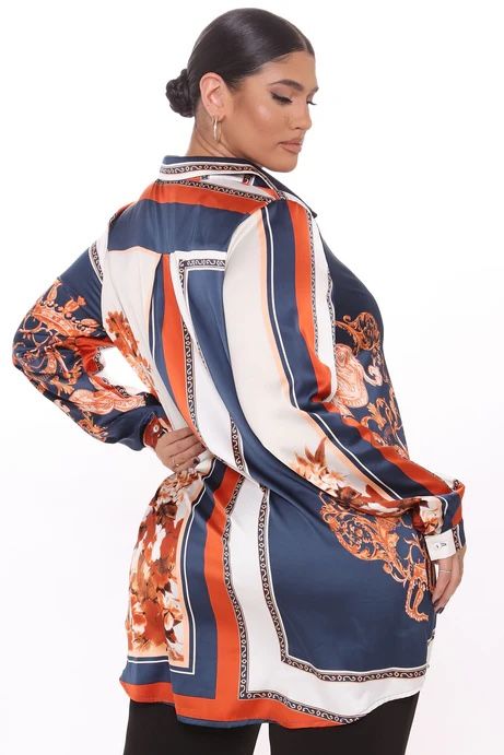 Fashion Nova Night After Work Satin Shirt - Navy/combo size 3XL