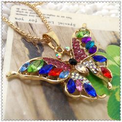 Gorgeous Butterfly multi gemstones Created Necklace pendant with chain