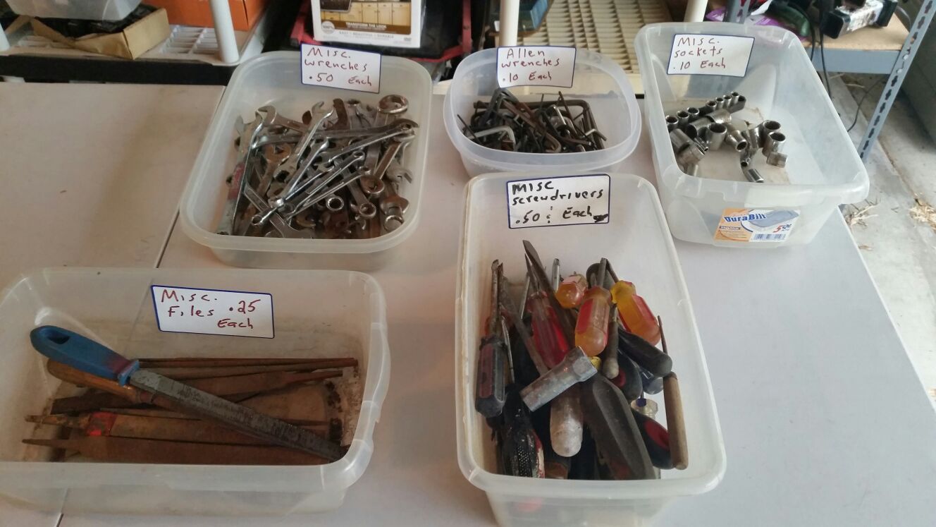 Screw drivers, sockets, files, wrenches. .Allen wrenches etc