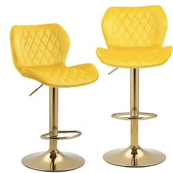 Set of 2 Bar Stools with Backrest Swivel Barchair Couter Height Kitchen Island Dining Chair Upholstered Velvet Kicthen Chair with Gold Base, Adjustabl