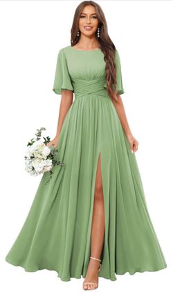 Sage Green Chiffon Long A Line Formal Evening Dress Gown, size 6, used once