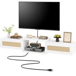 IBUYKE Modern Rattan Floating TV Stand with Doors,Wall 