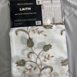 Embroidered Floral Curtains W/ Attached Valence & Sheer Backing