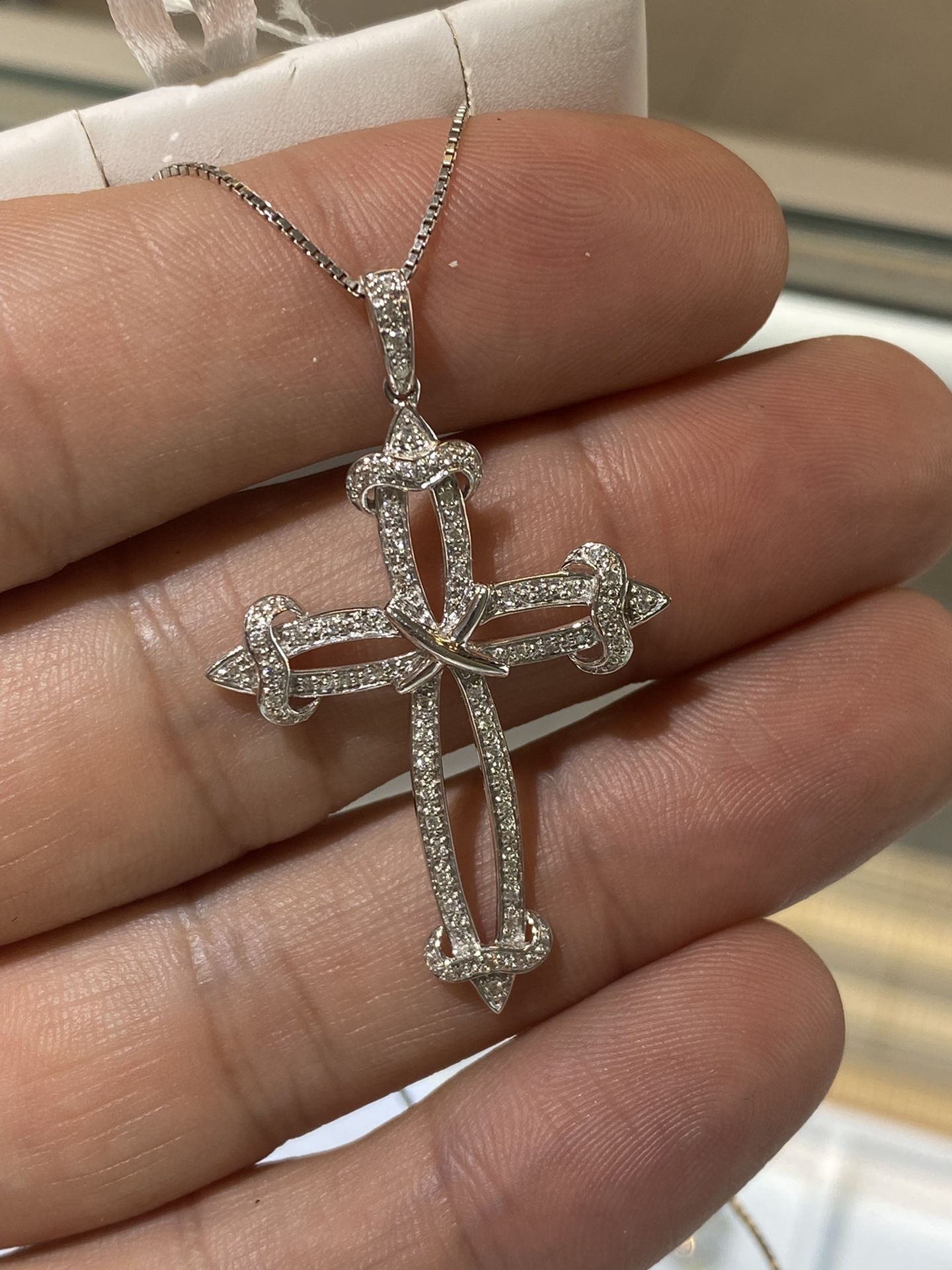 Natural Diamond Cross Pendant 14 K White Gold