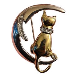 Beautiful Vintage Cat on Crescent Moon Brooch
